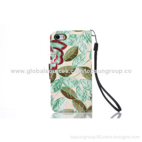 PU Leather Cases for iPhone 5S/5G, Floral Pattern with Card Slots and Hanging Rope